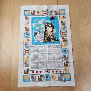 Vtg 1989 Cats Kittens Country Hearts Linen Cloth Wall Calendar Hanging Kitchen